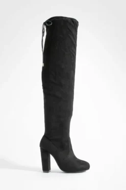 New boohoo Block Heel Tie Faux Suede Thigh High Boots black