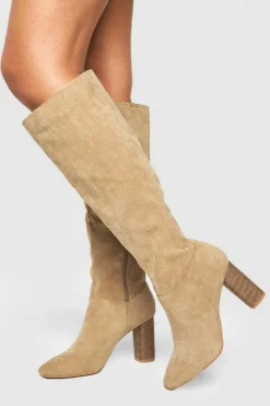 Store boohoo Block Wooden Heel Faux Suede Knee High Boots natural