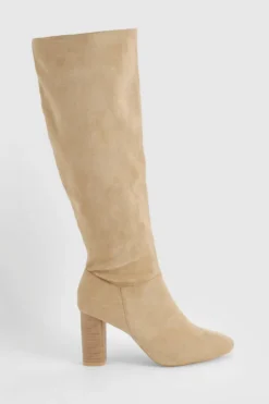 Store boohoo Block Wooden Heel Faux Suede Knee High Boots natural