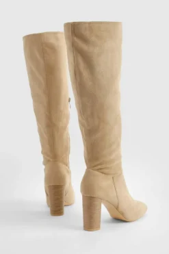Store boohoo Block Wooden Heel Faux Suede Knee High Boots natural