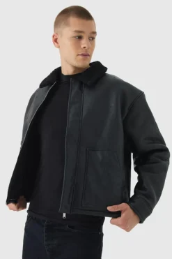Cheap boohooMAN Bm Embossed Borg Collar Harrington Jacket In black