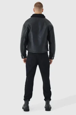 Cheap boohooMAN Bm Embossed Borg Collar Harrington Jacket In black