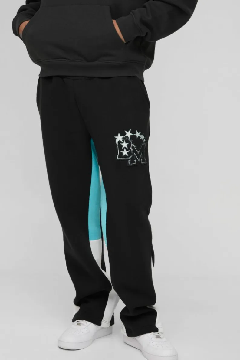 Sale boohooMAN BM Varsity Applique Gusset Jogger black