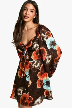 Shop boohoo Boho Floral Blouson Sleeve Skater Dress brown