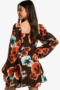 Shop boohoo Boho Floral Blouson Sleeve Skater Dress brown