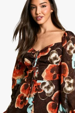 Shop boohoo Boho Floral Blouson Sleeve Skater Dress brown