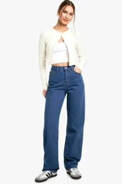 Shop boohoo Basics High Waisted Boyfriend Jeans mid blue