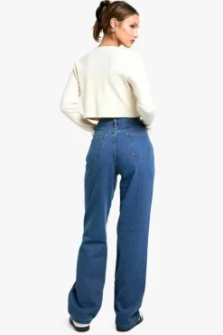 Shop boohoo Basics High Waisted Boyfriend Jeans mid blue
