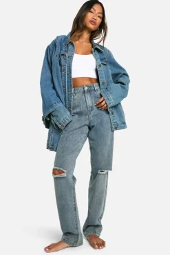 Outlet boohoo Basics High Waisted Ripped Knee Straight Leg Jeans in washed blue
