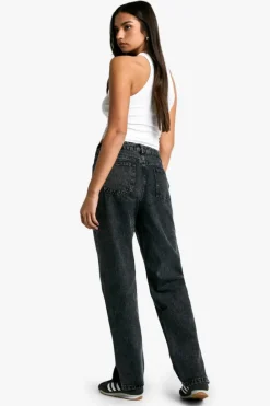 Outlet boohoo Basics High Waisted Split Hem Straight Leg Jeans washed black
