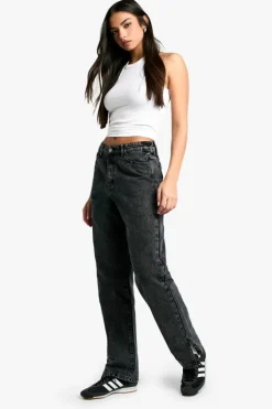 Outlet boohoo Basics High Waisted Split Hem Straight Leg Jeans washed black