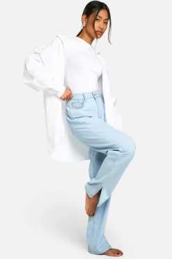 Best Sale boohoo Basics High Waisted Split Hem Straight Leg Jeans bleach wash