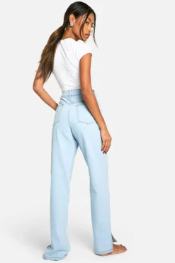 Best Sale boohoo Basics High Waisted Split Hem Straight Leg Jeans bleach wash