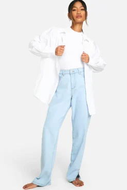 Best Sale boohoo Basics High Waisted Split Hem Straight Leg Jeans bleach wash