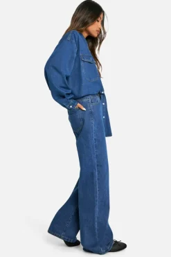 Hot boohoo Basics High Waisted Wide Leg Jeans mid blue