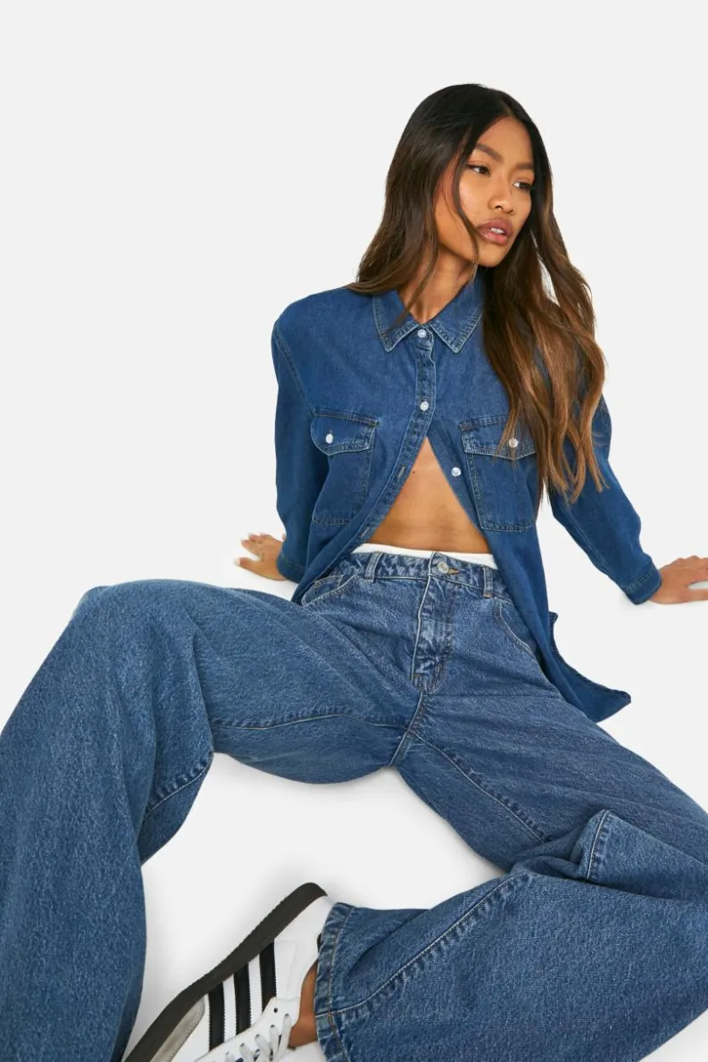 Outlet boohoo Basics 30 Inch Leg High Waisted Wide Leg Jeans in vintage blue