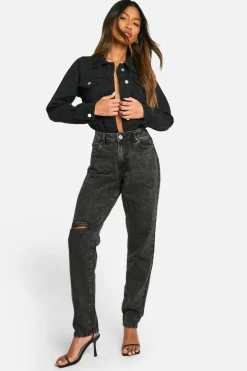 Store boohoo Basics 32 Inch Leg High Waisted Ripped Mom Jeans washed black