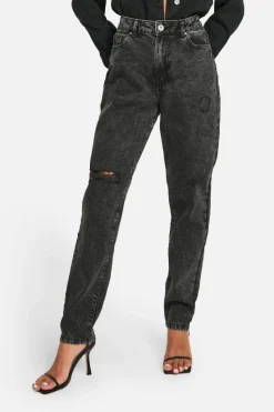 Store boohoo Basics 32 Inch Leg High Waisted Ripped Mom Jeans washed black