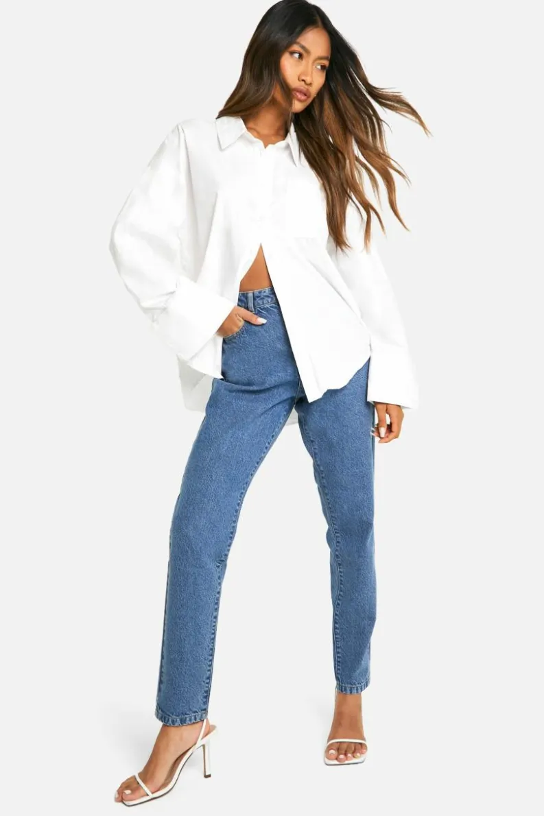 Discount boohoo Basics 32 Inch Leg High Waisted Slim Fit Mom Jeans vintage blue