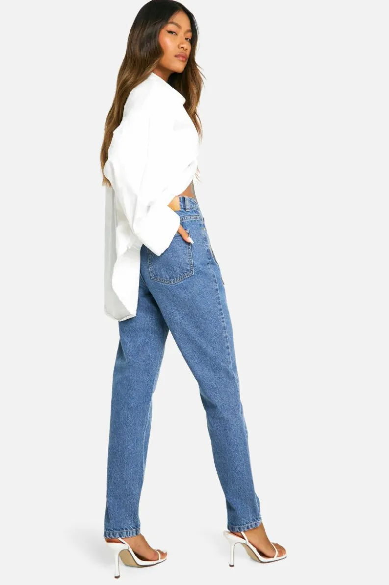 Discount boohoo Basics 32 Inch Leg High Waisted Slim Fit Mom Jeans vintage blue