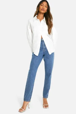 Discount boohoo Basics 32 Inch Leg High Waisted Slim Fit Mom Jeans vintage blue