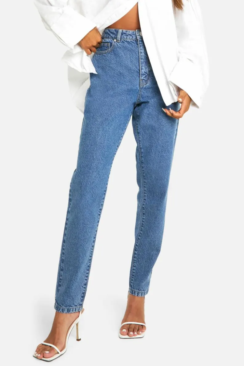 Discount boohoo Basics 32 Inch Leg High Waisted Slim Fit Mom Jeans vintage blue