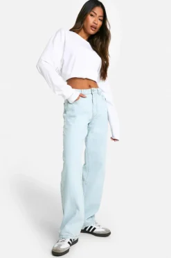 Fashion boohoo Basics 32 Inch Leg High Waisted Boyfriend Jeans bleached blue