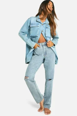 Discount boohoo Basics 32 Inch Leg High Waisted Straight Leg Ripped Knee Jeans washed blue