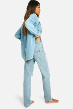 Discount boohoo Basics 32 Inch Leg High Waisted Straight Leg Ripped Knee Jeans washed blue
