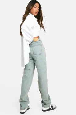 Discount boohoo Basics 30 Inch Leg High Waisted Straight Leg Jeans washed blue