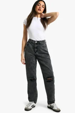 Outlet boohoo Basics Ripped Knee Straight Leg Jeans washed black