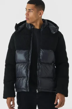 Online boohooMAN Borg and High Shine Hooded Puffer in black
