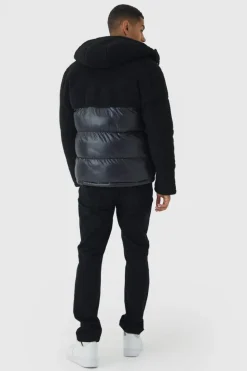 Online boohooMAN Borg and High Shine Hooded Puffer in black