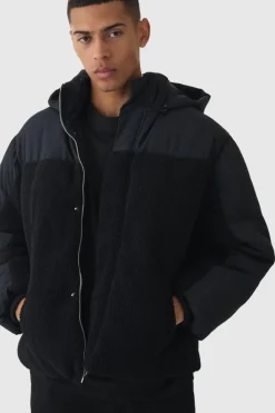 Fashion boohooMAN Borg And Nylon Padded Coat With Detachable Hood In black