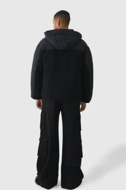 Fashion boohooMAN Borg And Nylon Padded Coat With Detachable Hood In black