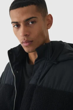 Fashion boohooMAN Borg And Nylon Padded Coat With Detachable Hood In black