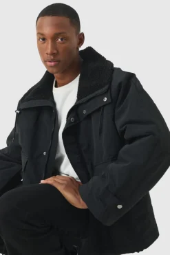 Cheap boohooMAN Borg Collar Parka In black