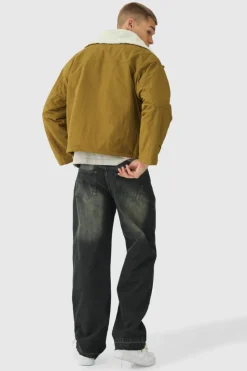 Online boohooMAN Borg Collar Parka In khaki
