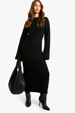 Fashion boohoo Borg Flare Sleeve Knitted Maxi Dress black