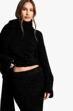 Flash Sale boohoo Borg Knit Oversized Jumper, Maxi Skirt And Scarf Three Piece Set black