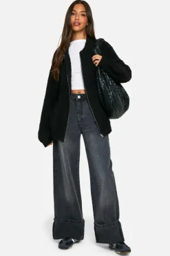 Best boohoo Borg Knitted Oversized Bomber Jacket black
