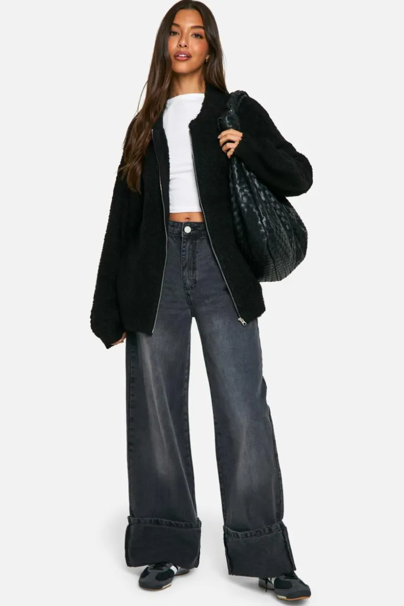 Best boohoo Borg Knitted Oversized Bomber Jacket black