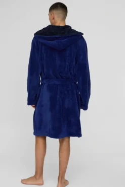 Sale boohooMAN Borg Lined Hooded Dressing Gown navy