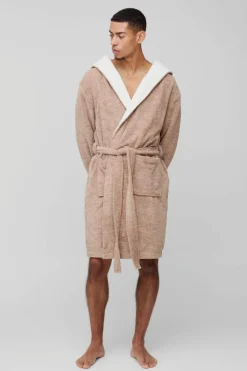 Fashion boohooMAN Borg Lined Hooded Dressing Gown taupe