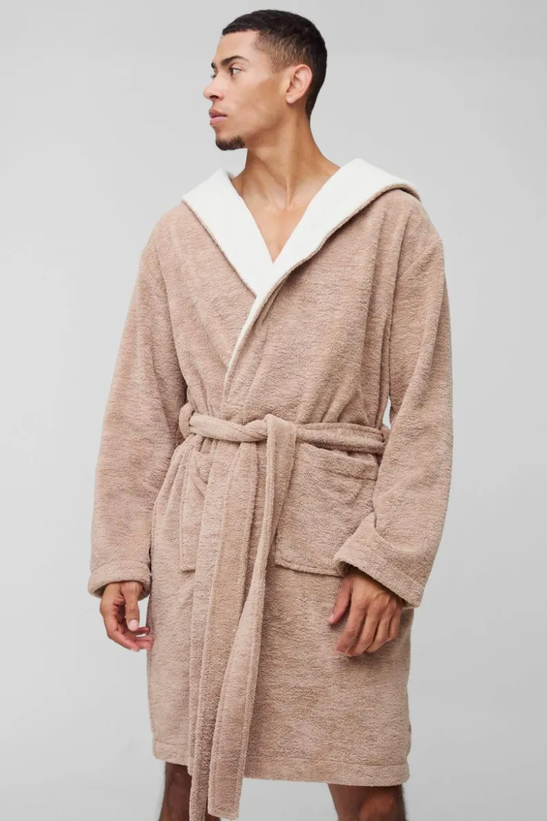 Fashion boohooMAN Borg Lined Hooded Dressing Gown taupe