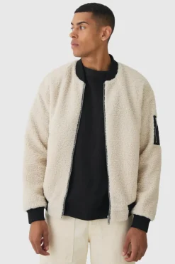 Hot boohooMAN Borg Ma1 Bomber Jacket In ecru