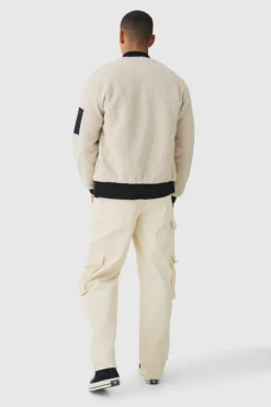 Hot boohooMAN Borg Ma1 Bomber Jacket In ecru