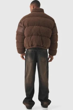 Discount boohooMAN Borg & Nylon Funnel Neck Puffer In chocolate