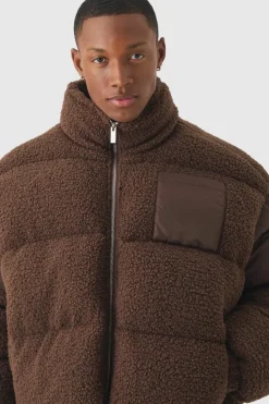 Discount boohooMAN Borg & Nylon Funnel Neck Puffer In chocolate