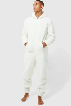 Cheap boohooMAN Borg Onesie ecru